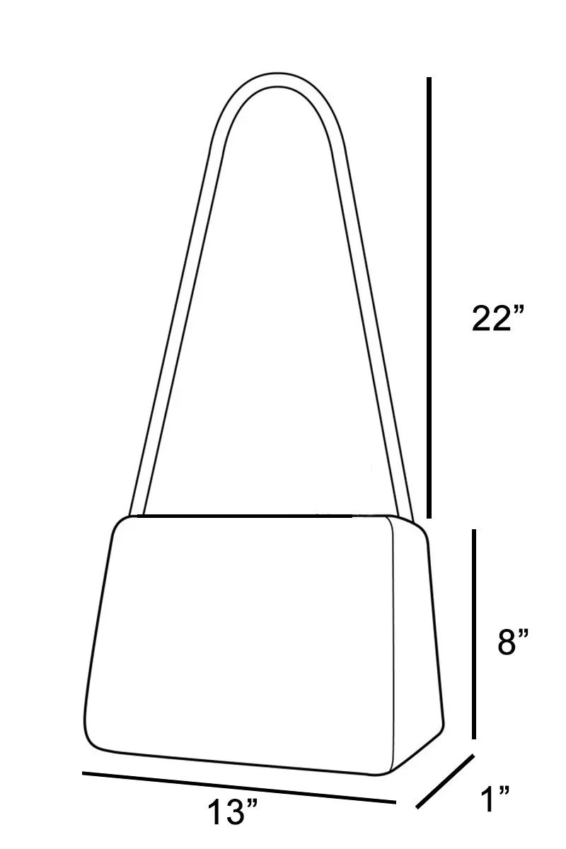Line drawing of a handbag with dimensions labeled