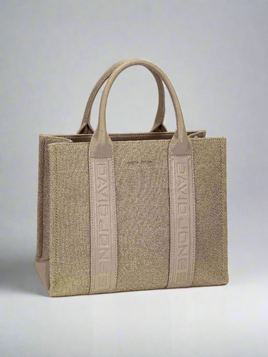 Beige handbag with 'DAVID JONES' branding on a white background