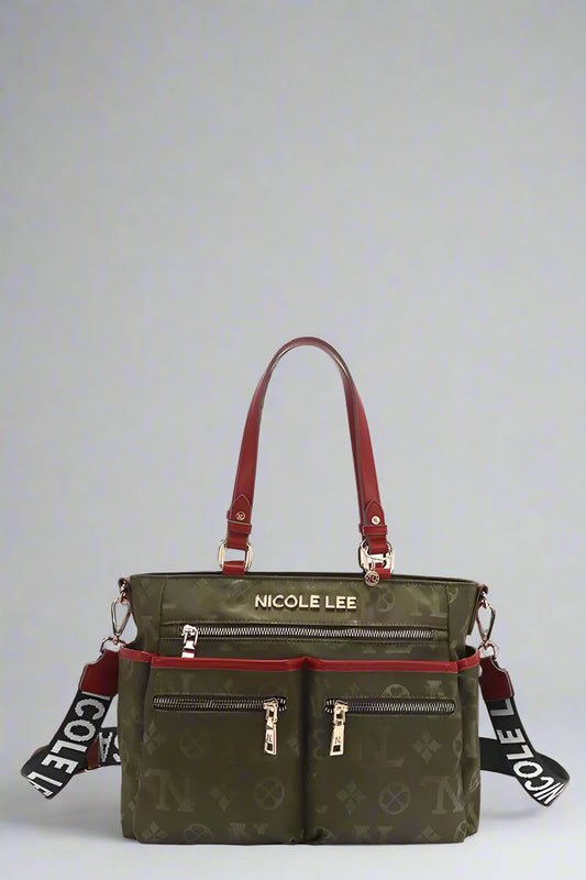 Green handbag with red accents and 'Nicole Lee' branding on a white background