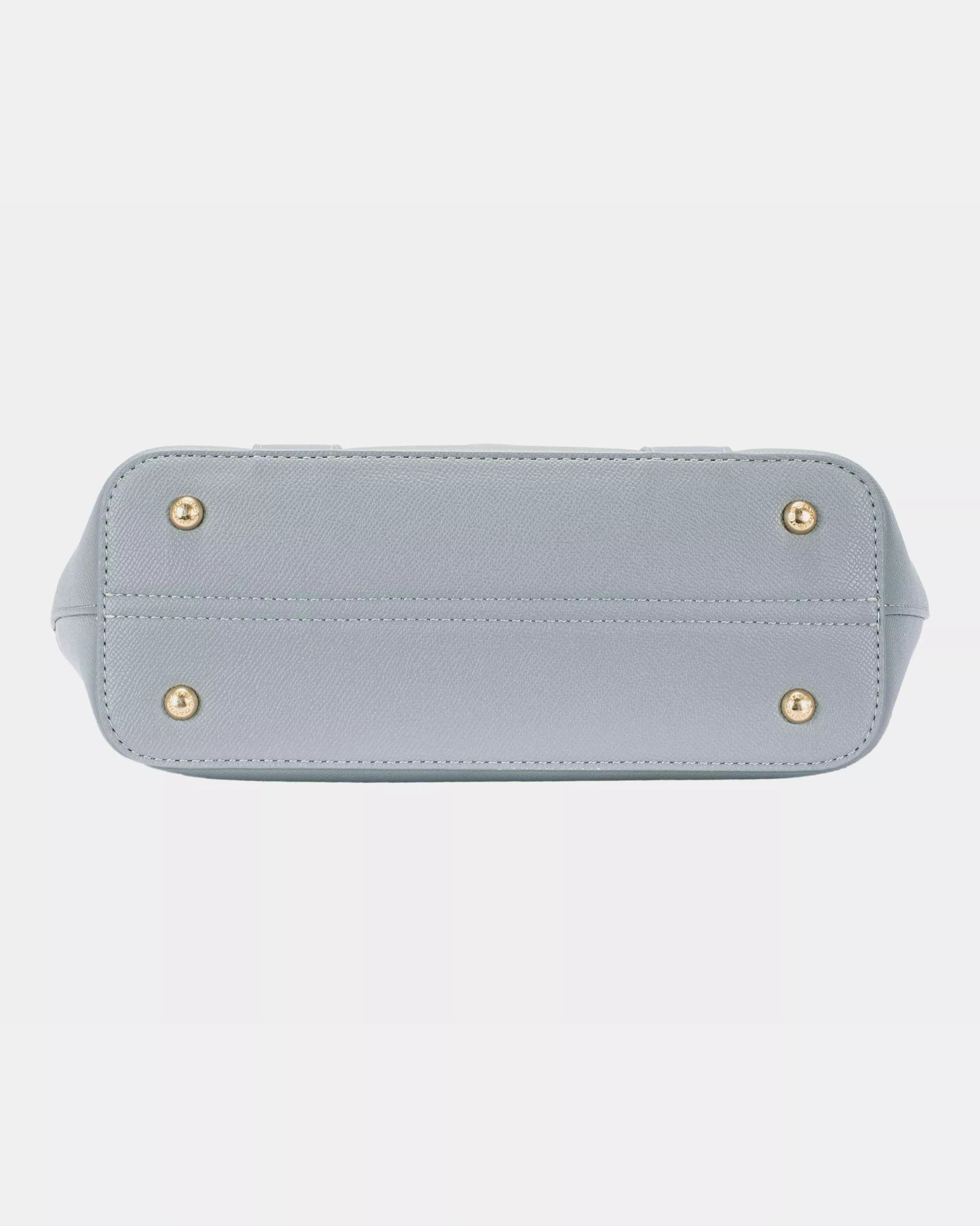 Light gray handbag with gold accents on a white background