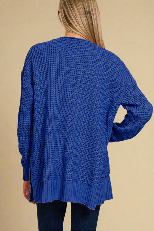Cardigan ouvert en tricot gaufré bleu marine clair