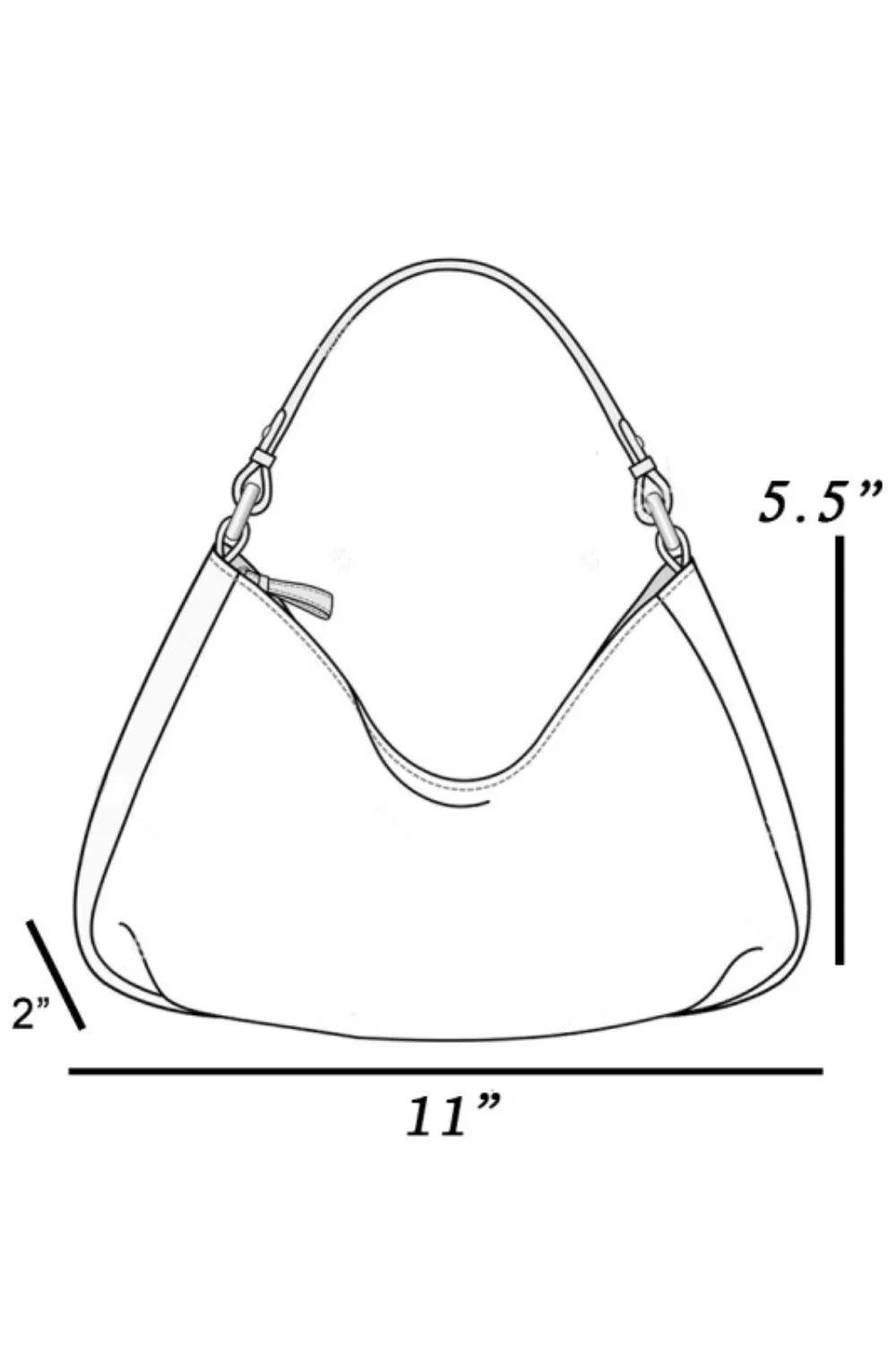 Line drawing of a handbag with measurements on a white background