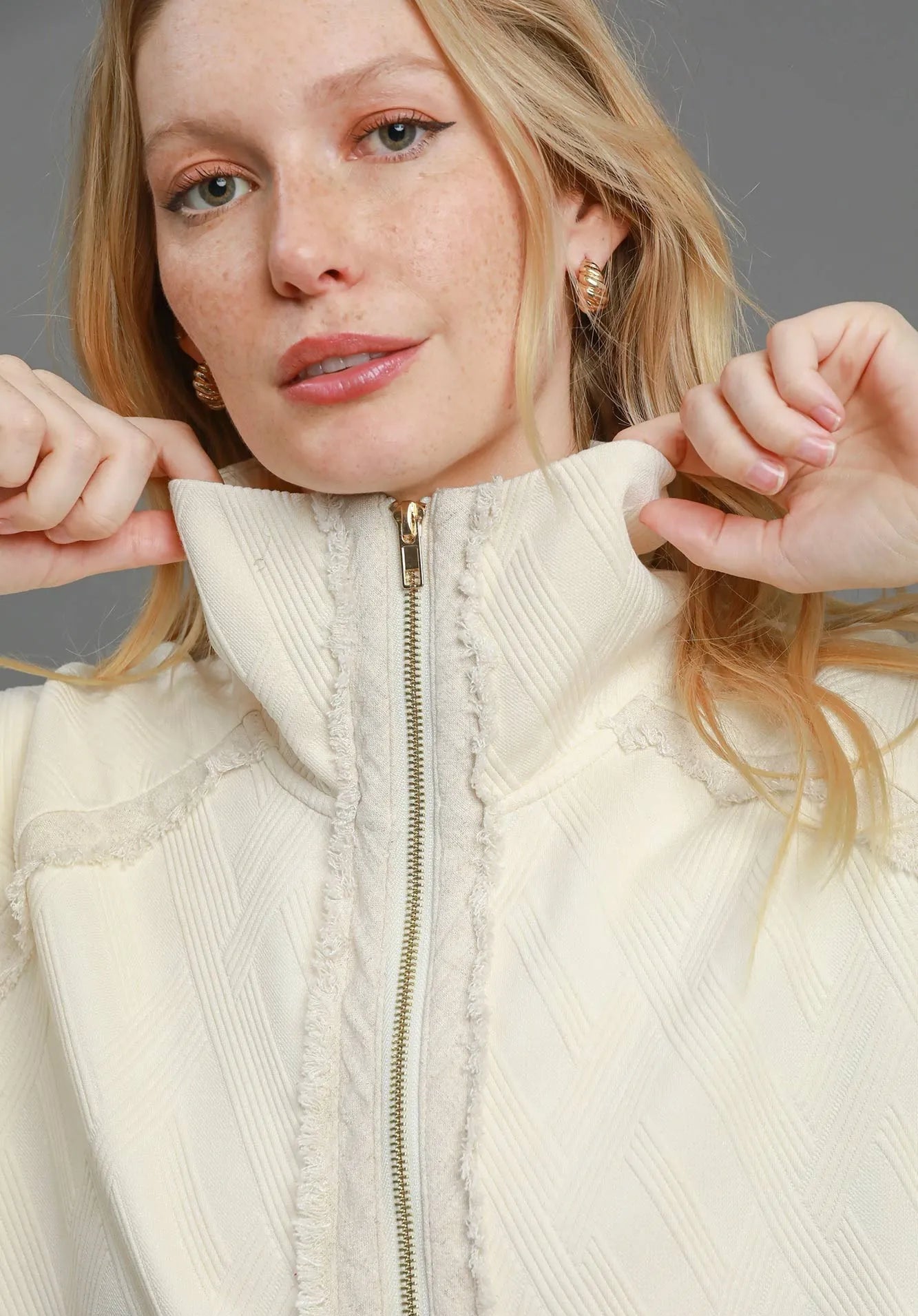 Ivory Mixed Fabric Zip Up Jacket
