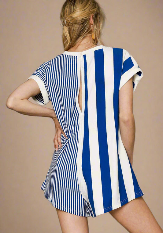 Cobalt & White Mixed Stripe Short Sleeve Romper