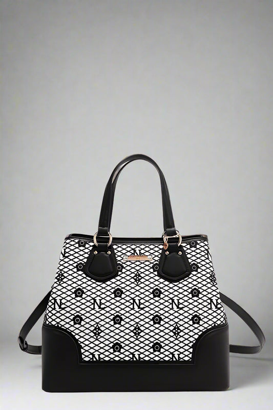 Black and white handbag with a pattern on a white background