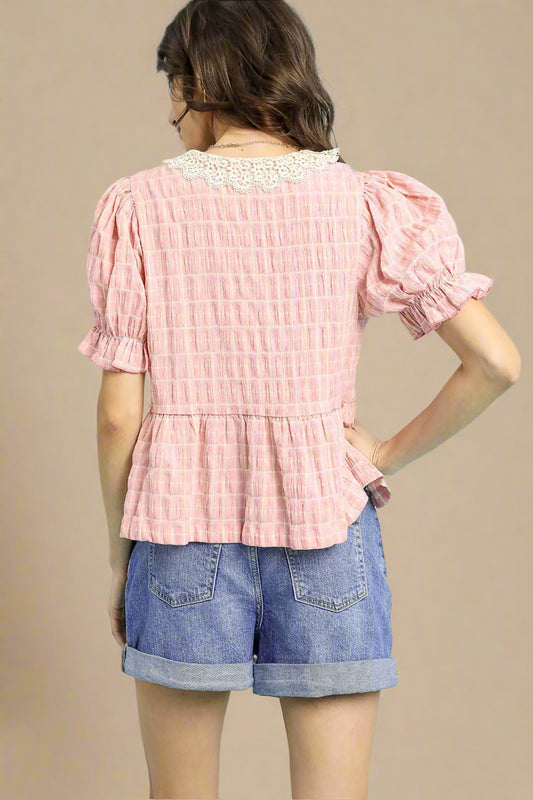 Pink Gingham Lace Trim Peplum Blouse