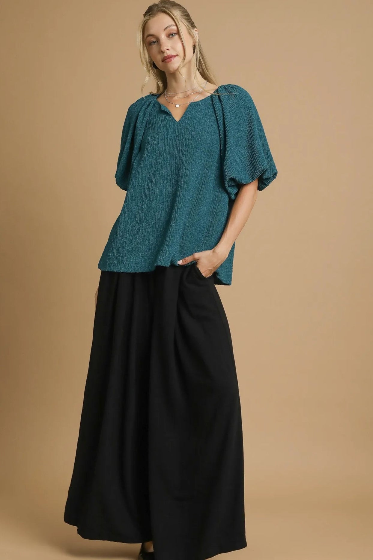 Teal Textured Puff Sleeve Blouse