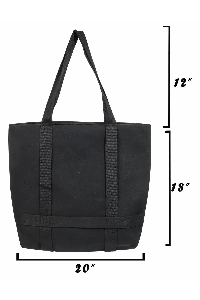 Black tote bag with measurements on a white background