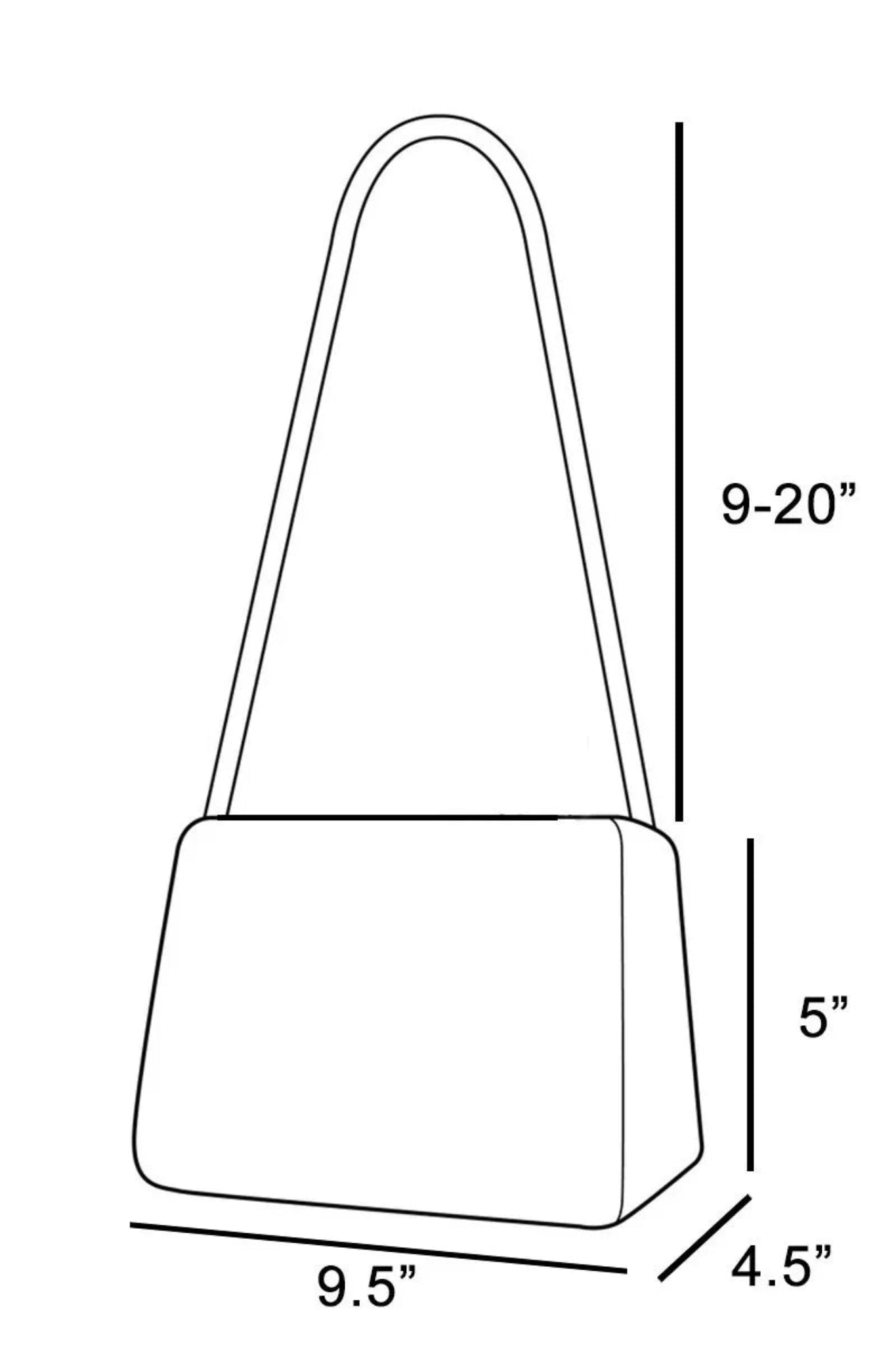 Line drawing of a handbag with dimensions labeled