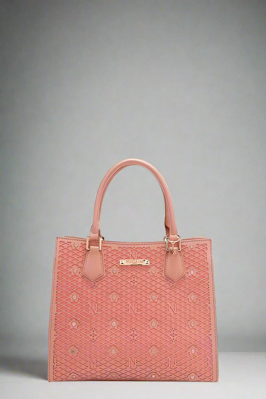 Pink handbag with floral pattern on a white background