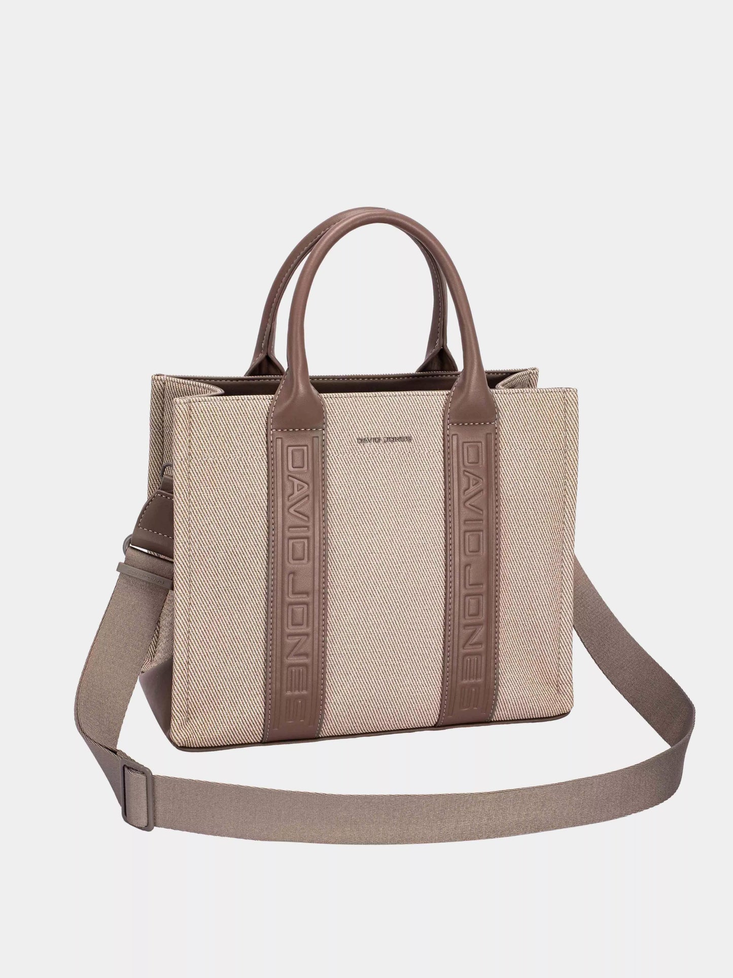 Beige handbag with brown accents and 'DAVID JONES' branding on a light gray background
