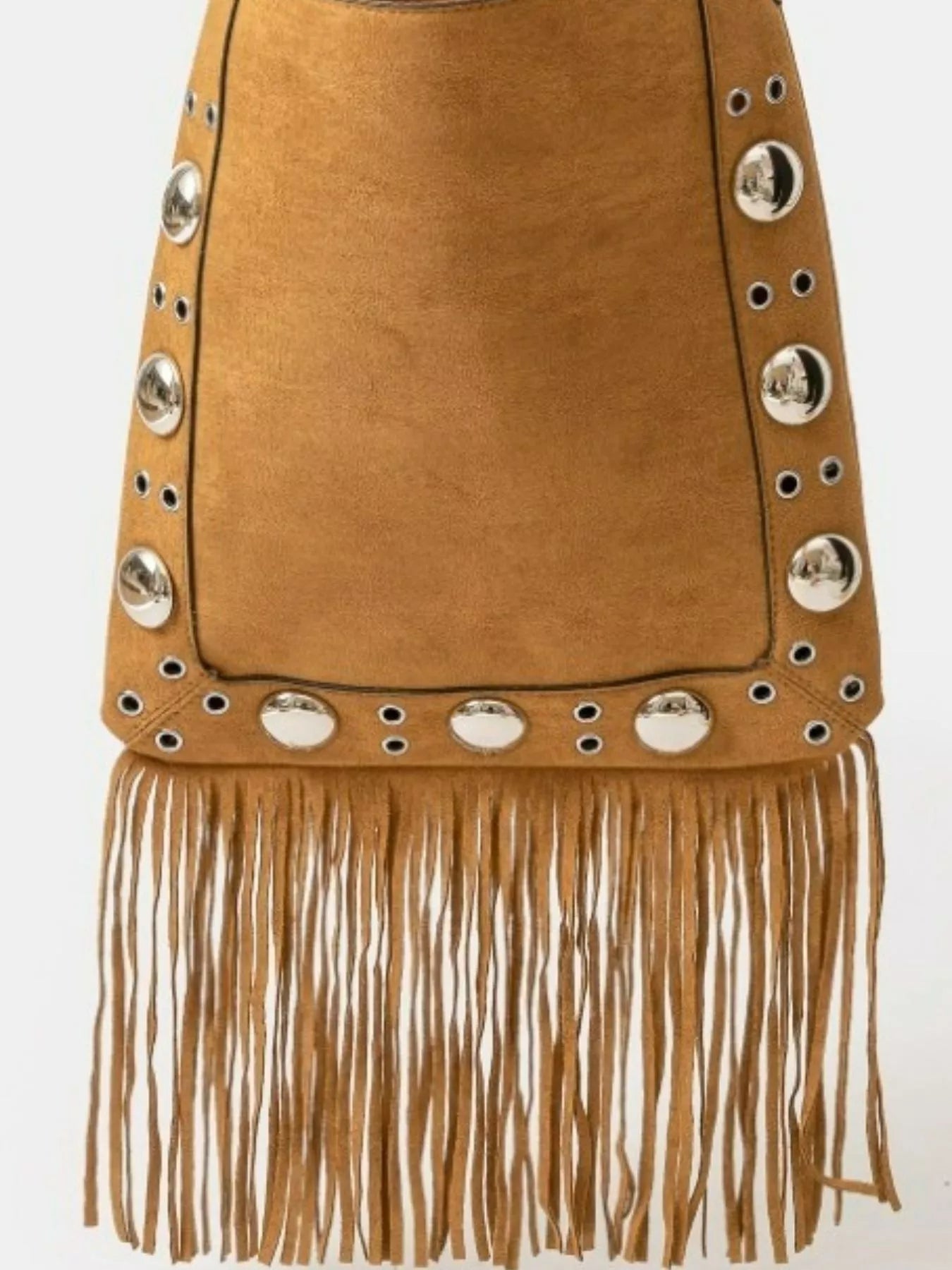 Tan suede bag with fringe and silver studs on a white background