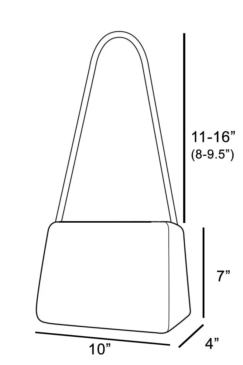 Line drawing of a handbag with dimensions labeled