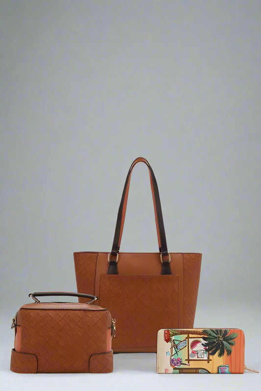 Brown handbag, small suitcase, and wallet on a white background