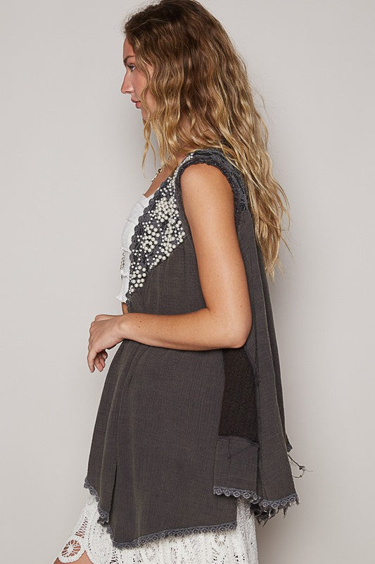 Pearl Detail Sleeveless Cardigan in Charcoal