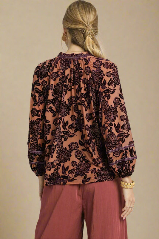 Rust Velvet Floral Print Top