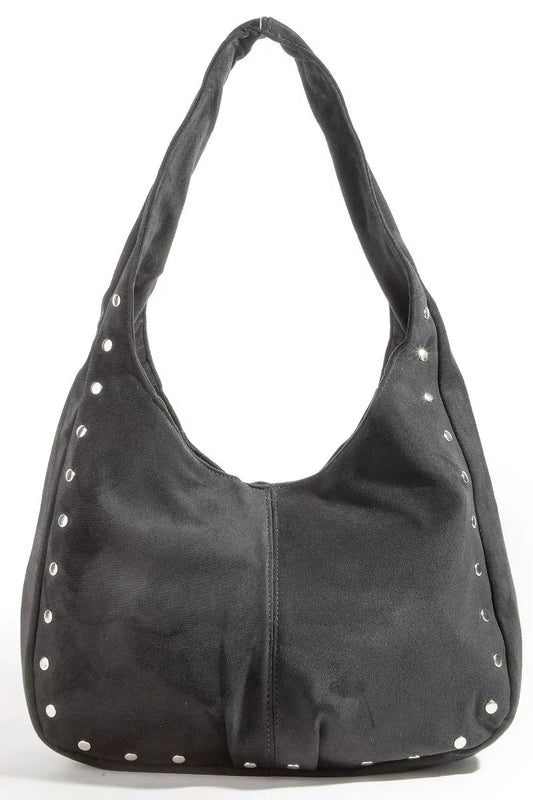 Black handbag with silver studs on a white background