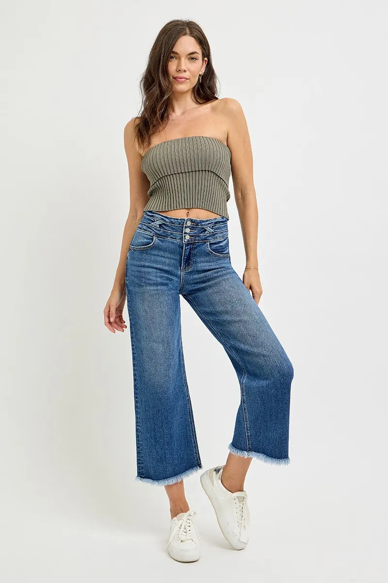 Medium Wash Wide Leg Jeans with Frayed Hem