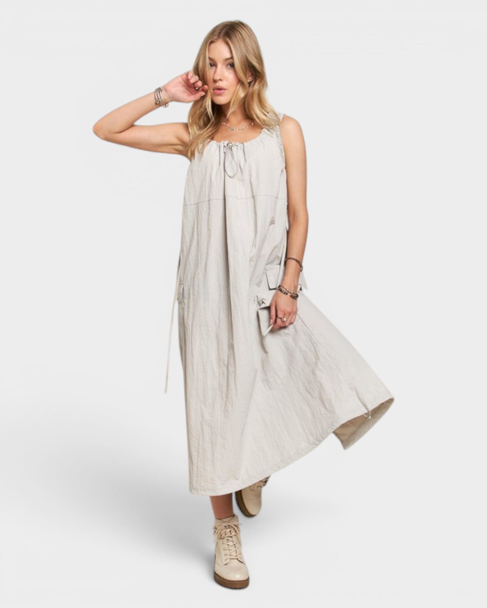 cargo maxi dress ADORA Light Gray Drawstring Cargo Maxi Dress – Beach Rose Co