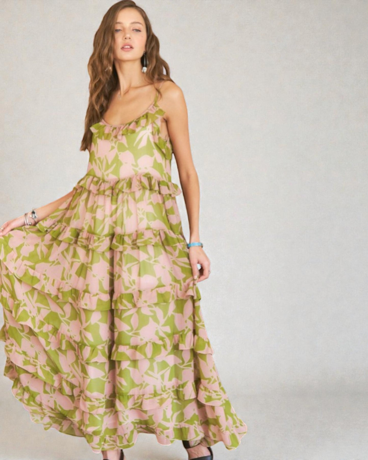Olive & Blush Floral Tiered Maxi Dress