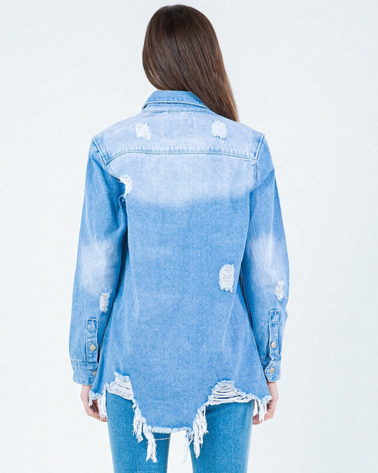 Light blue distressed denim jacket worn by a person on a white background