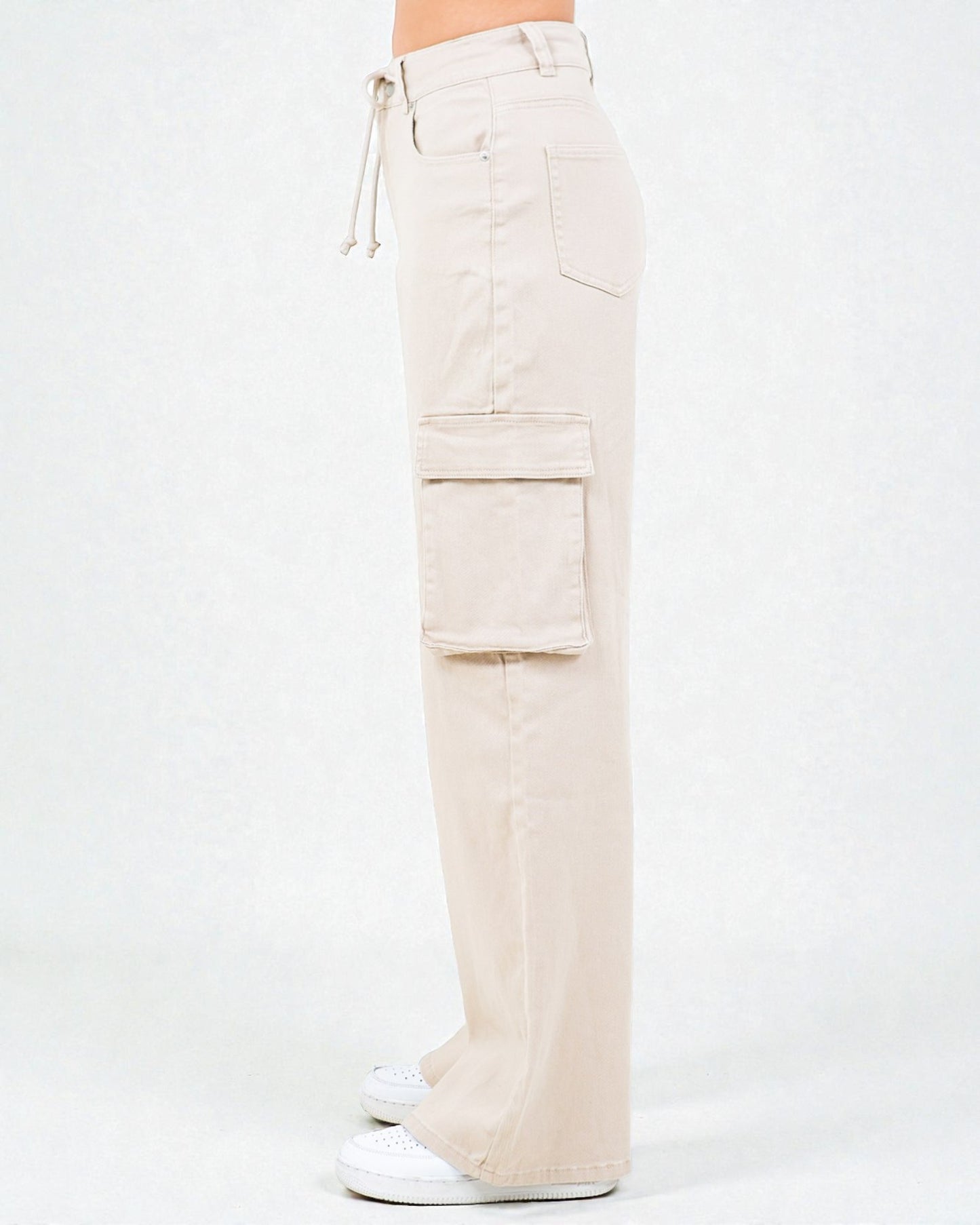Beige cargo pants on a white background