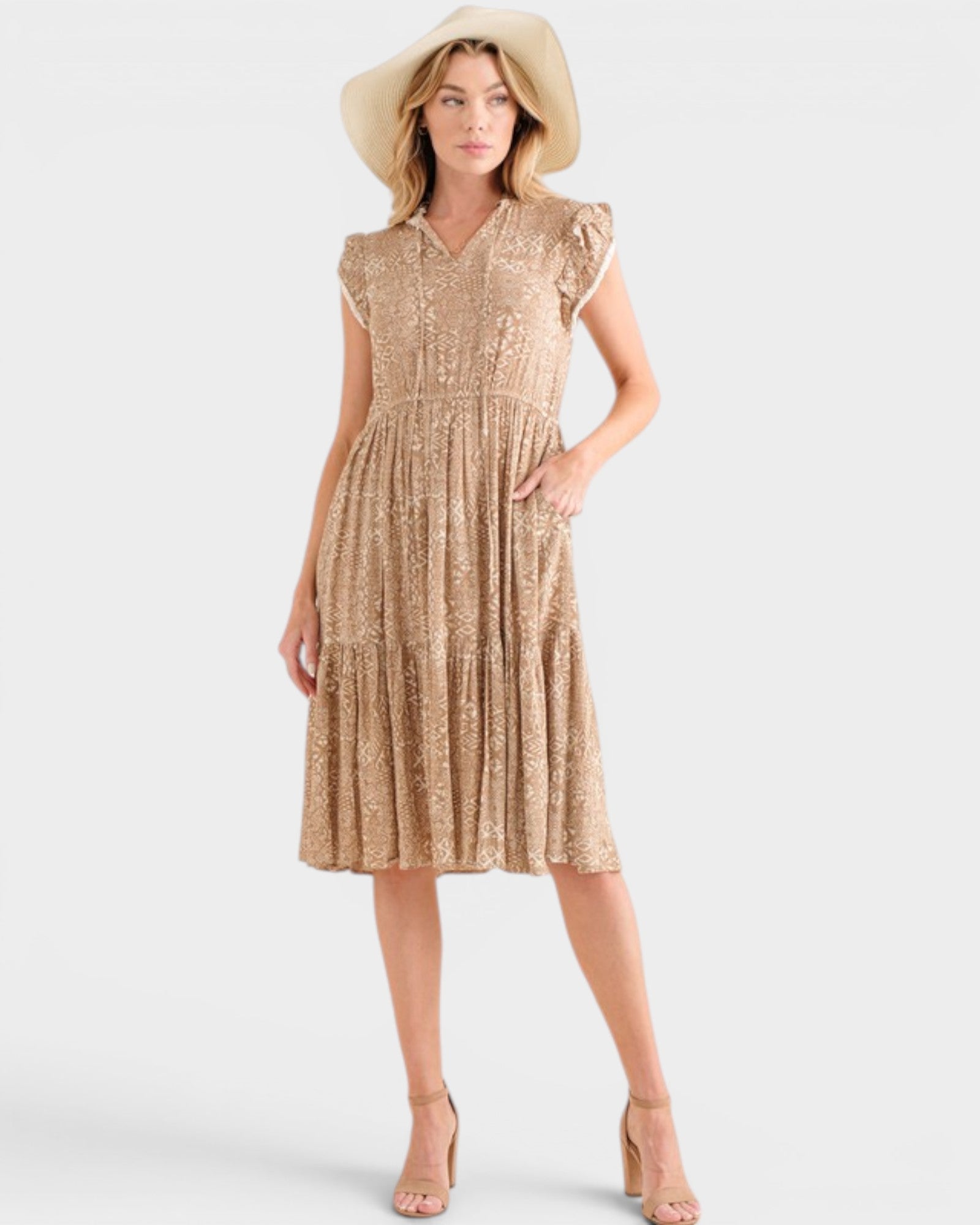 AND THE WHY Taupe Boho Print Midi Dress Taupe / S