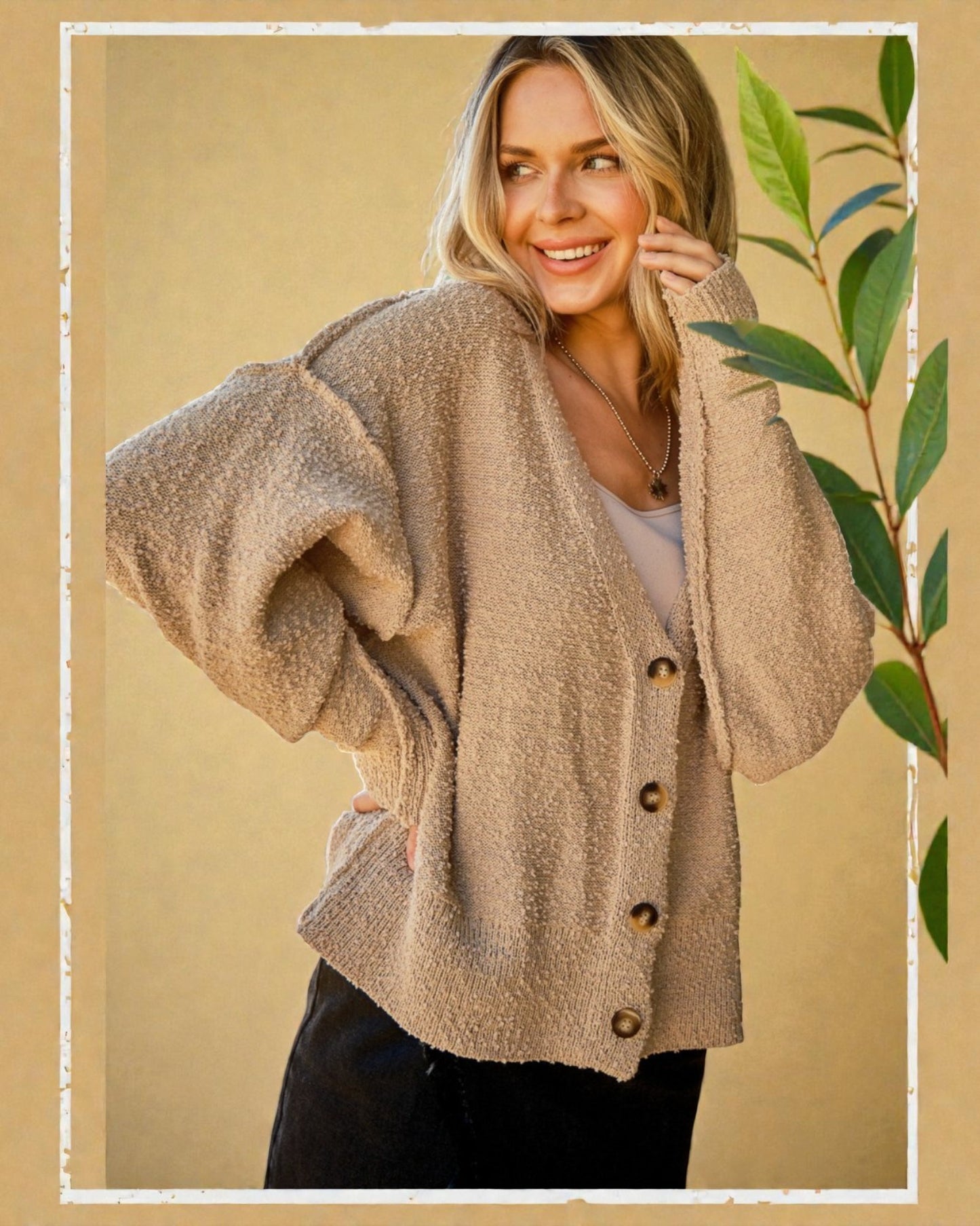 Woman wearing a beige cardigan with buttons against a beige background