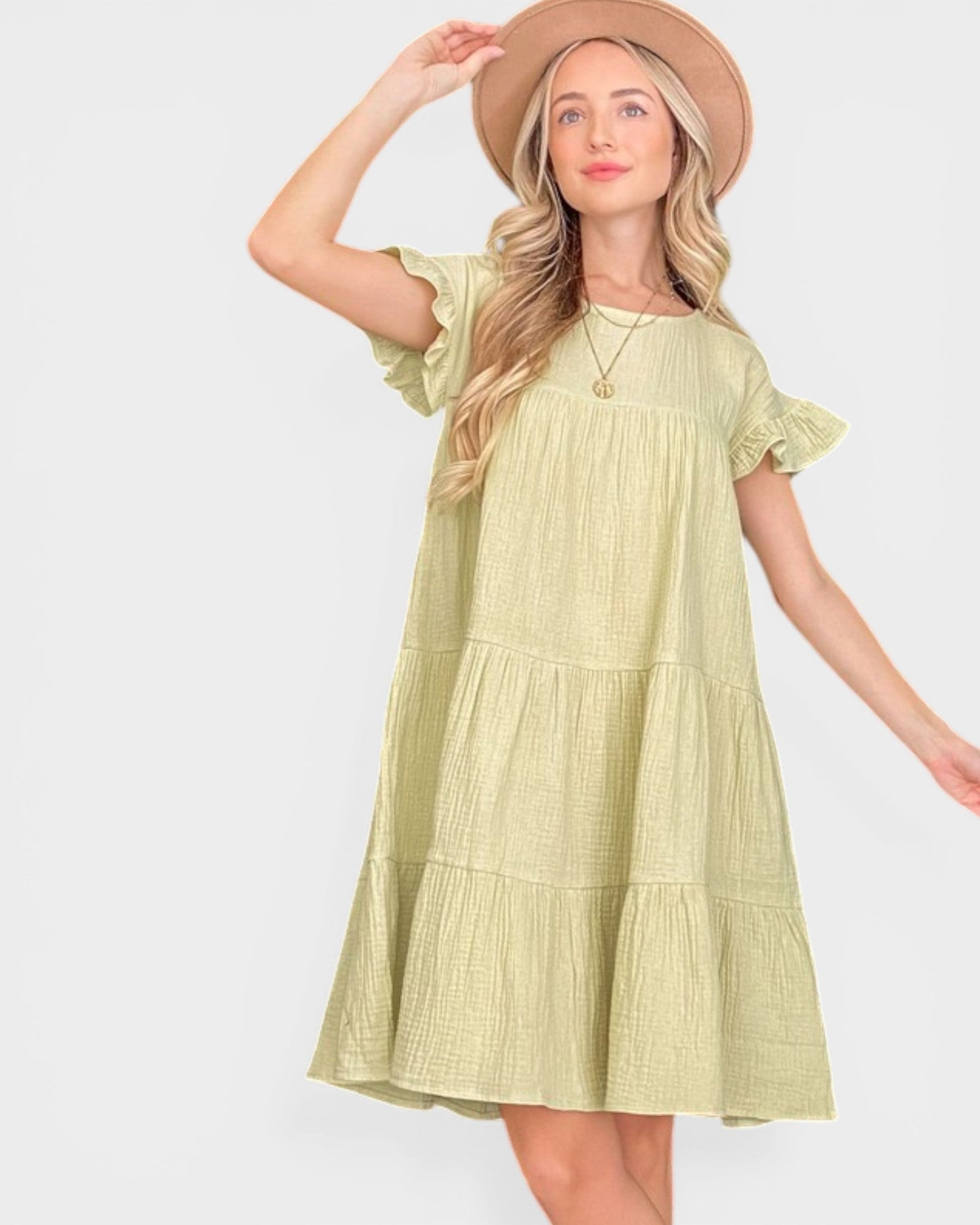 AND THE WHY Light Olive Tiered Ruffle Sleeve Mini Dress Light Olive / M AND THE WHY Light Olive Tiered Ruffle Sleeve Mini Dress Light Olive / M