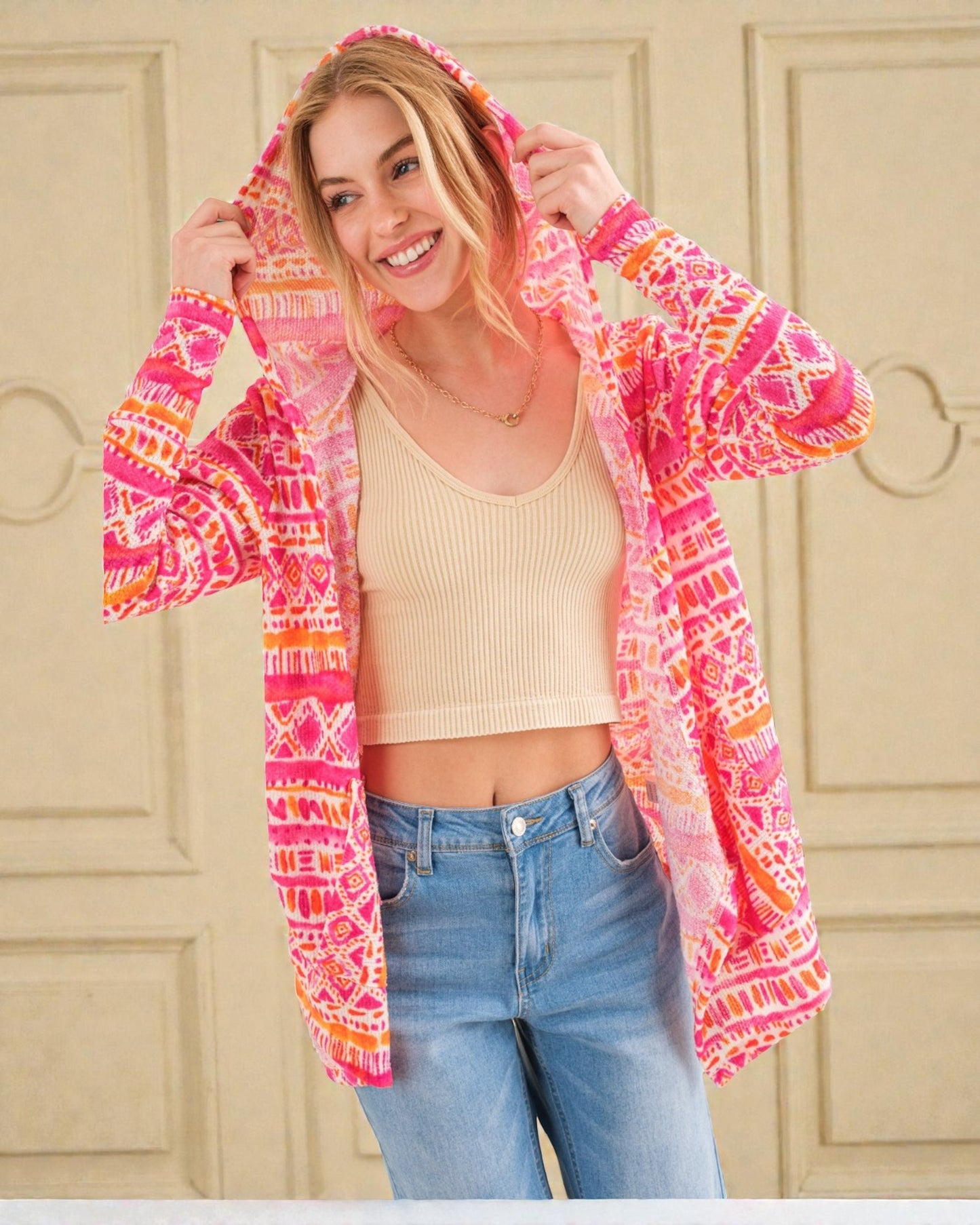 Pink & Orange Printed Hooded Cardigan
