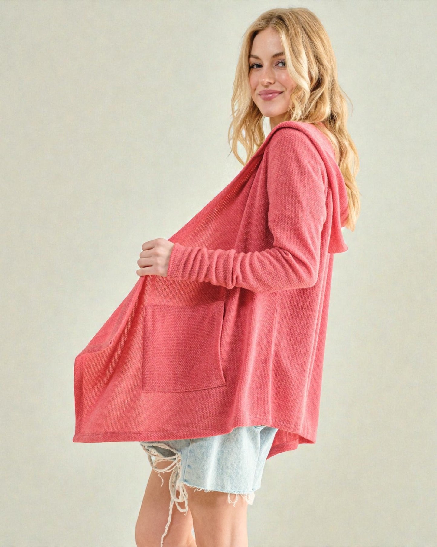Cardigan thermique ouvert à capuche en rose