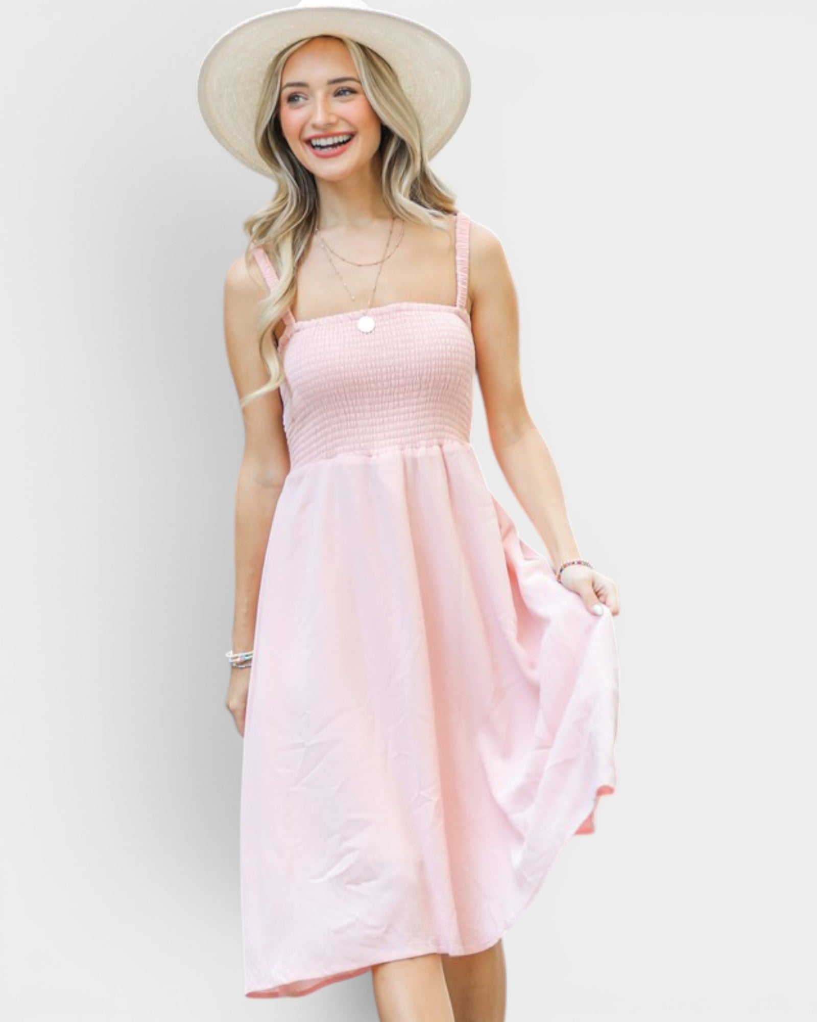AND THE WHY Blush Pink Smocked Bodice Midi Dress Blush Pink / L