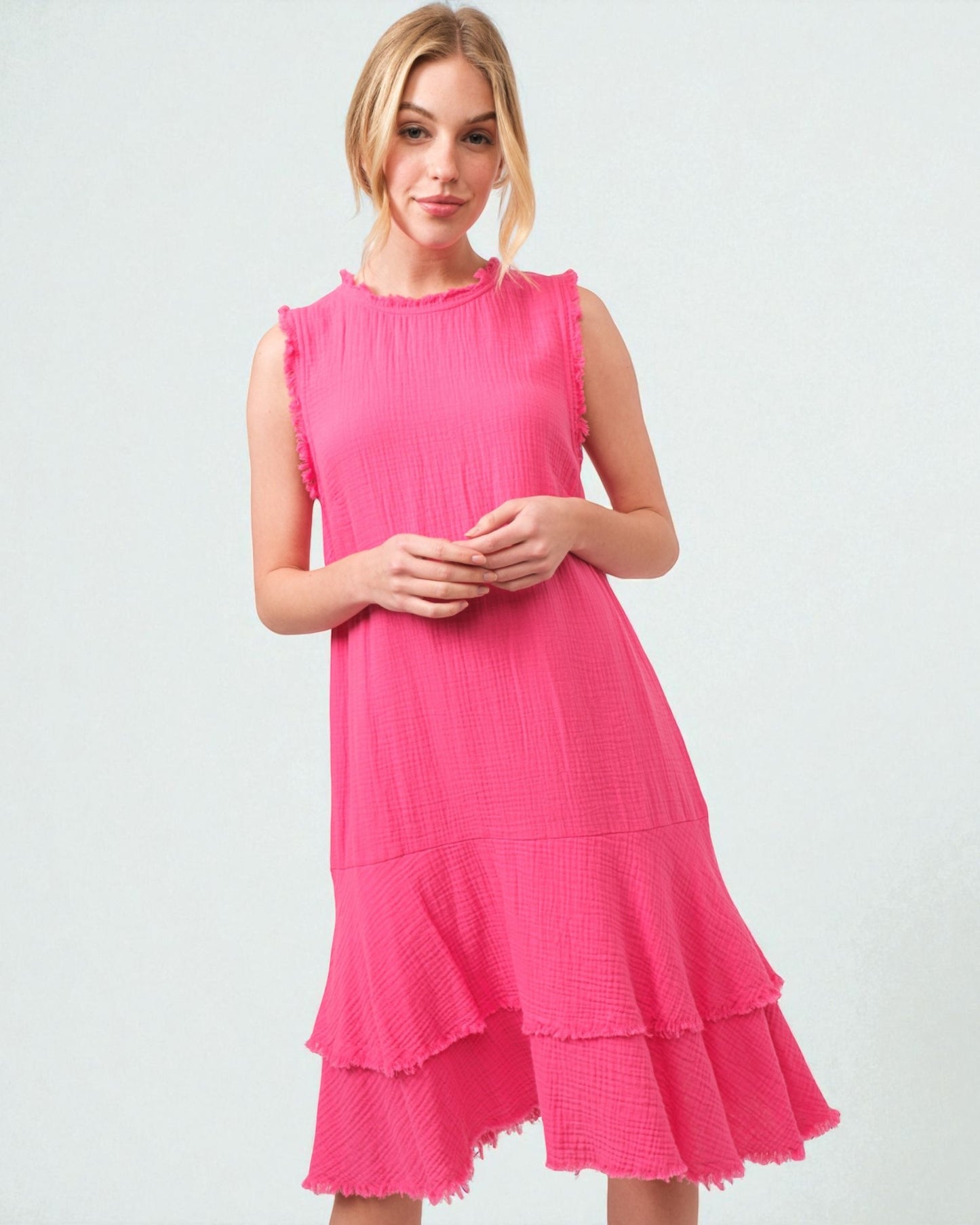Robe midi à plusieurs niveaux en coton lavé à ourlet brut, fuchsia