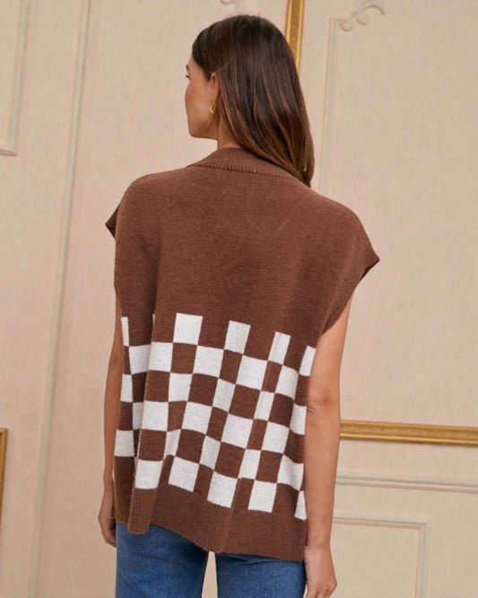 Dark Brown Checkered Short Sleeve Cardigan