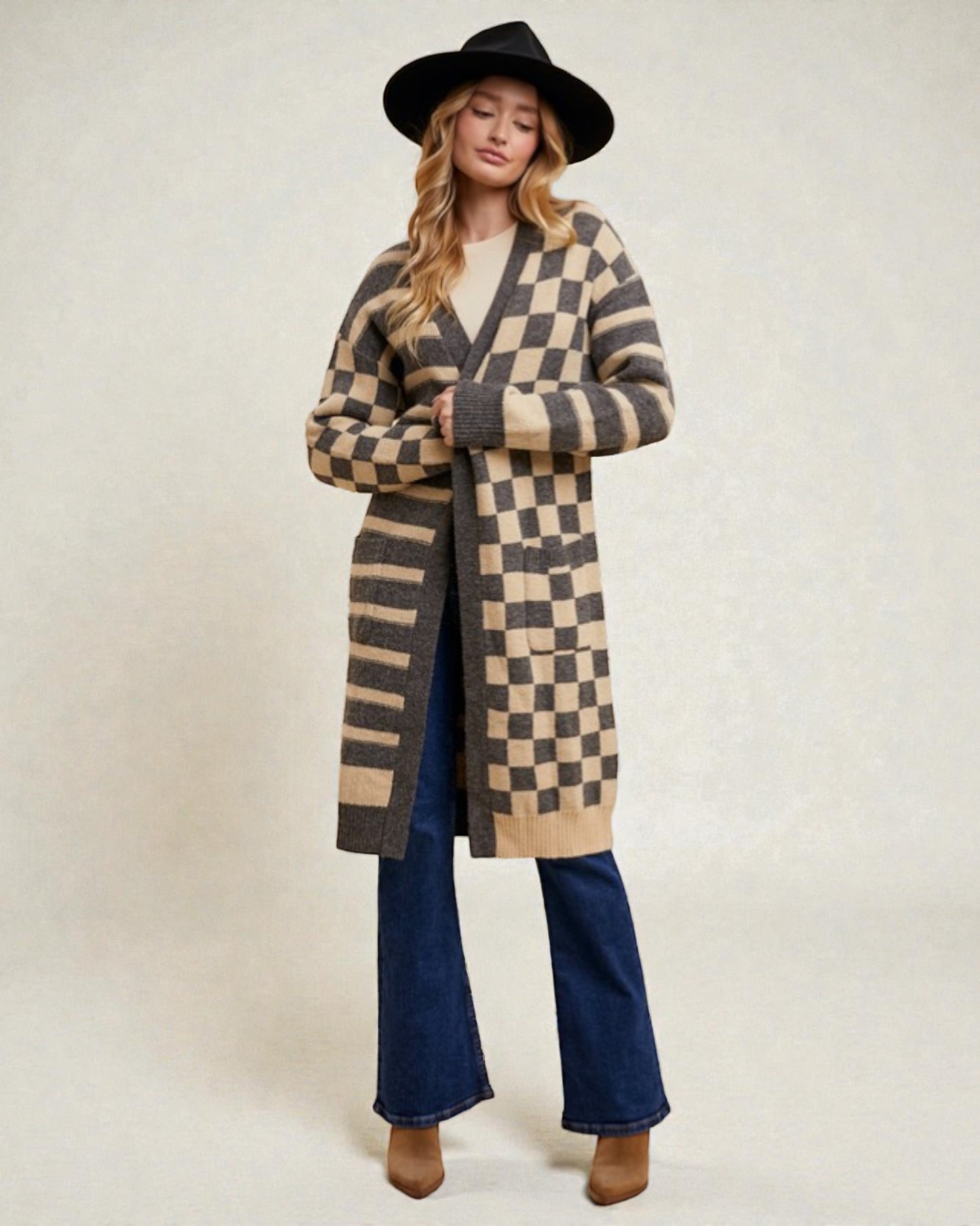 Dark Gray Checkered & Striped Open Front Cardigan