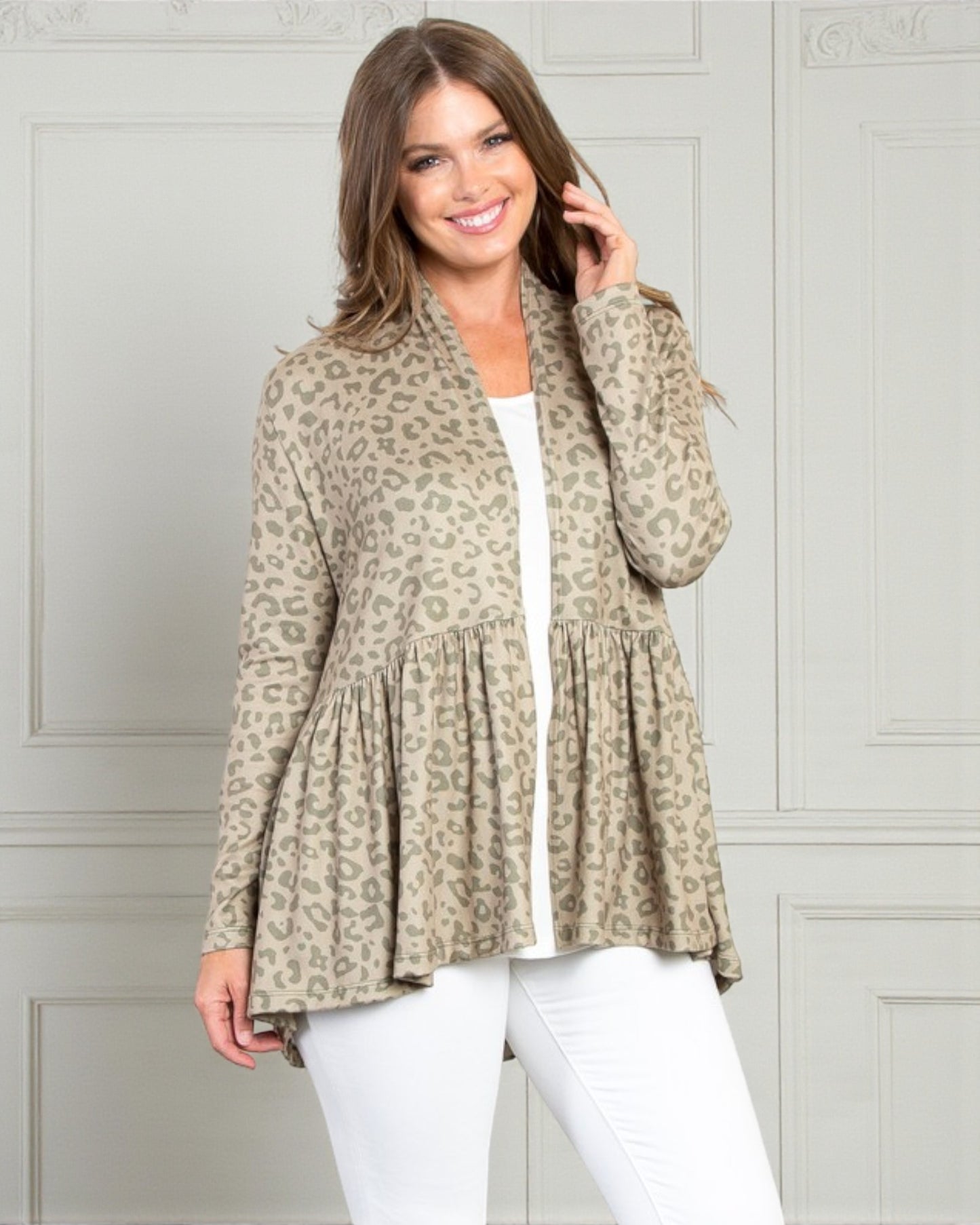 Soft Taupe Leopard Peplum Cardigan