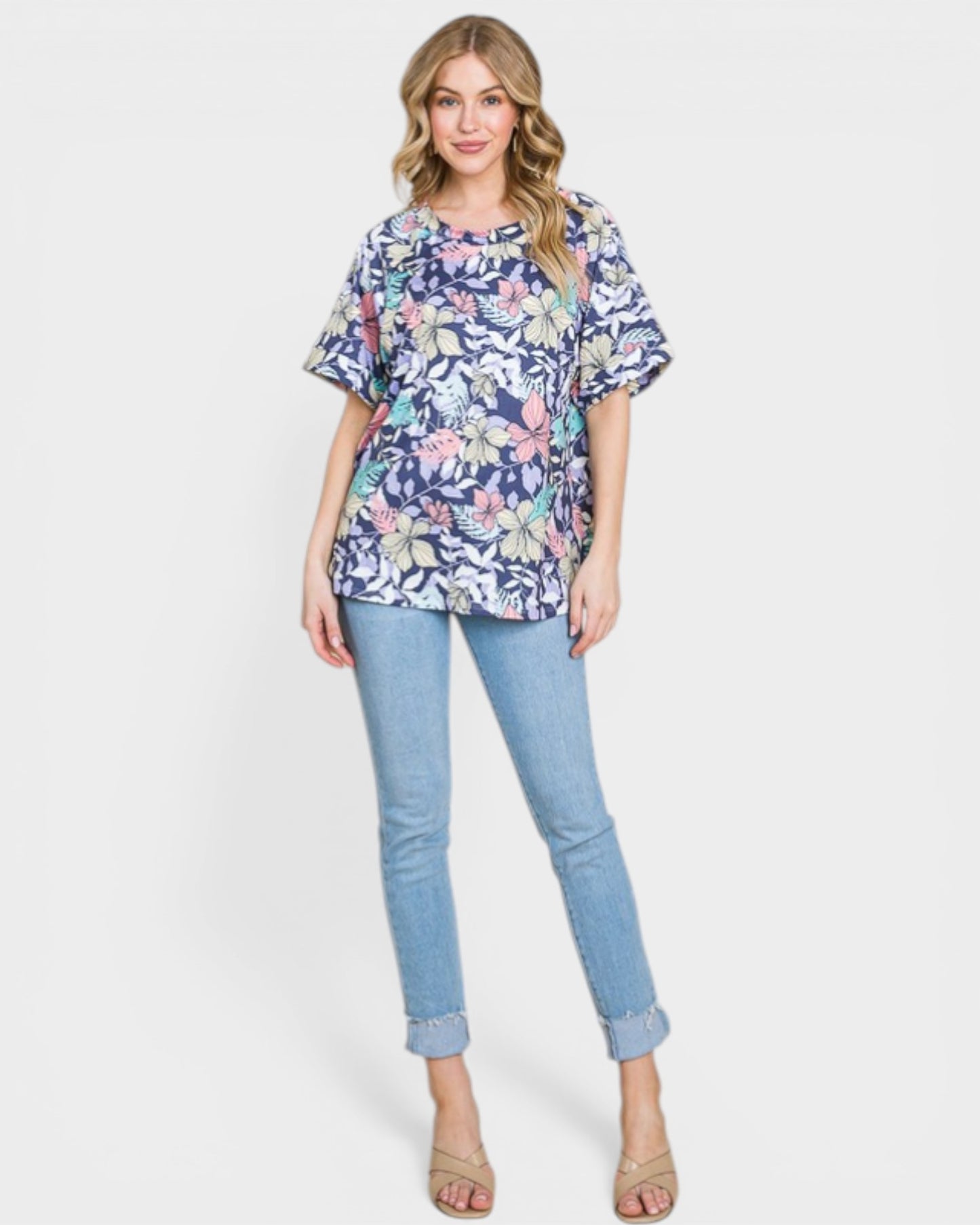 Navy Multi Floral Short Sleeve Top