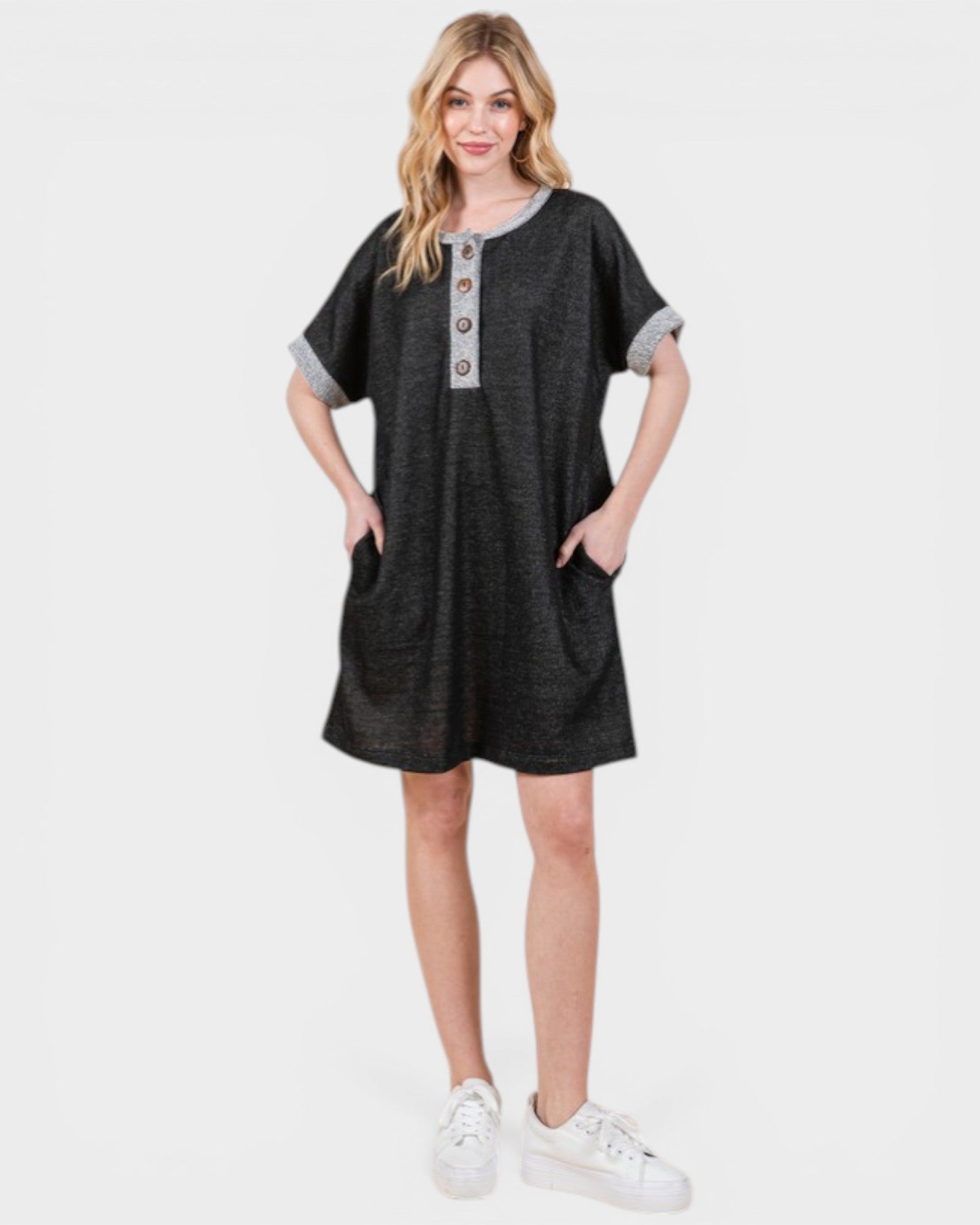 BOMBOM Charcoal Henley Pocket T-Shirt Mini Dress Beach Rose Co. BOMBOM Charcoal Henley Pocket T-Shirt Mini Dress Beach Rose Co.