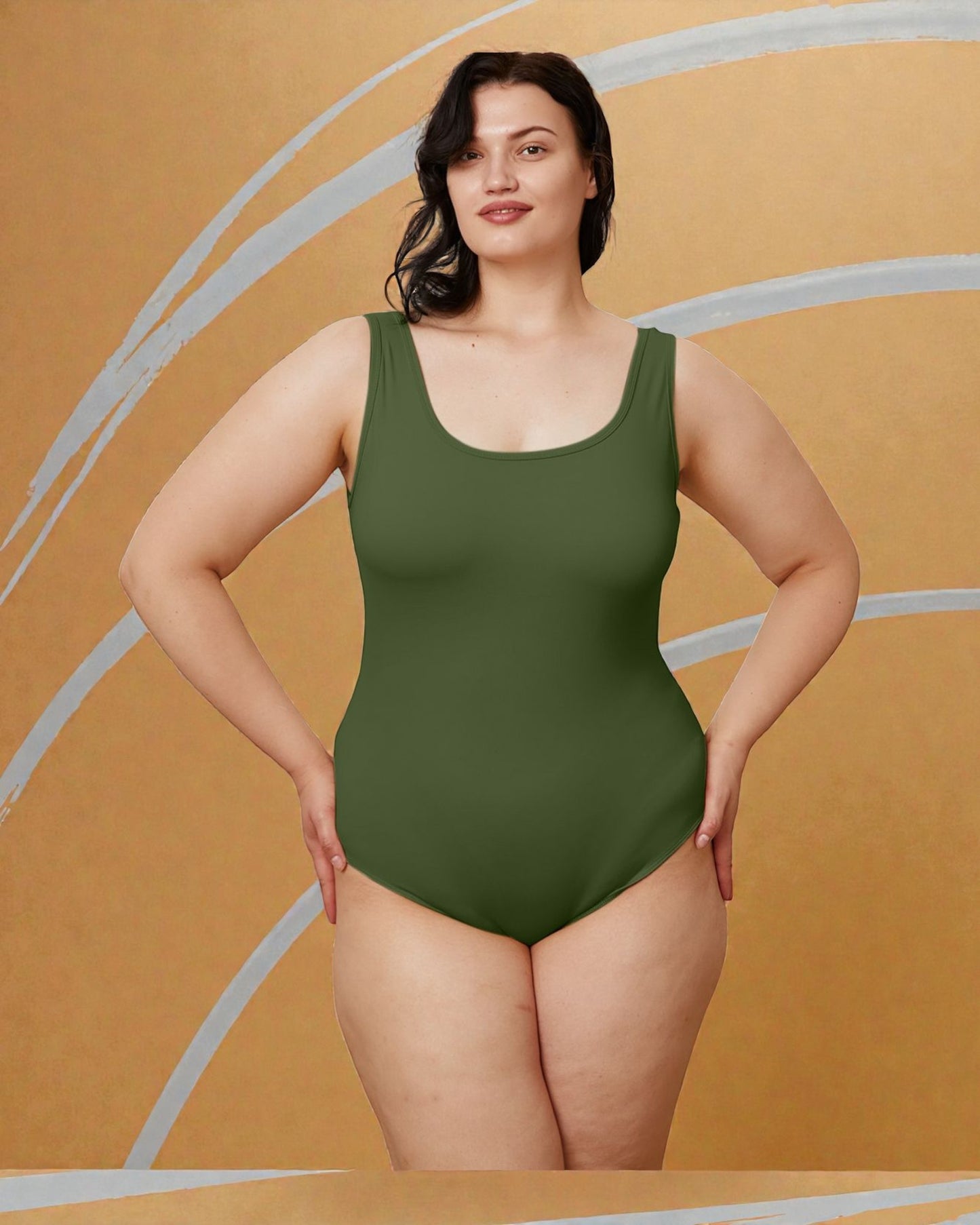 Woman wearing a green swimsuit against a mustard yellow background