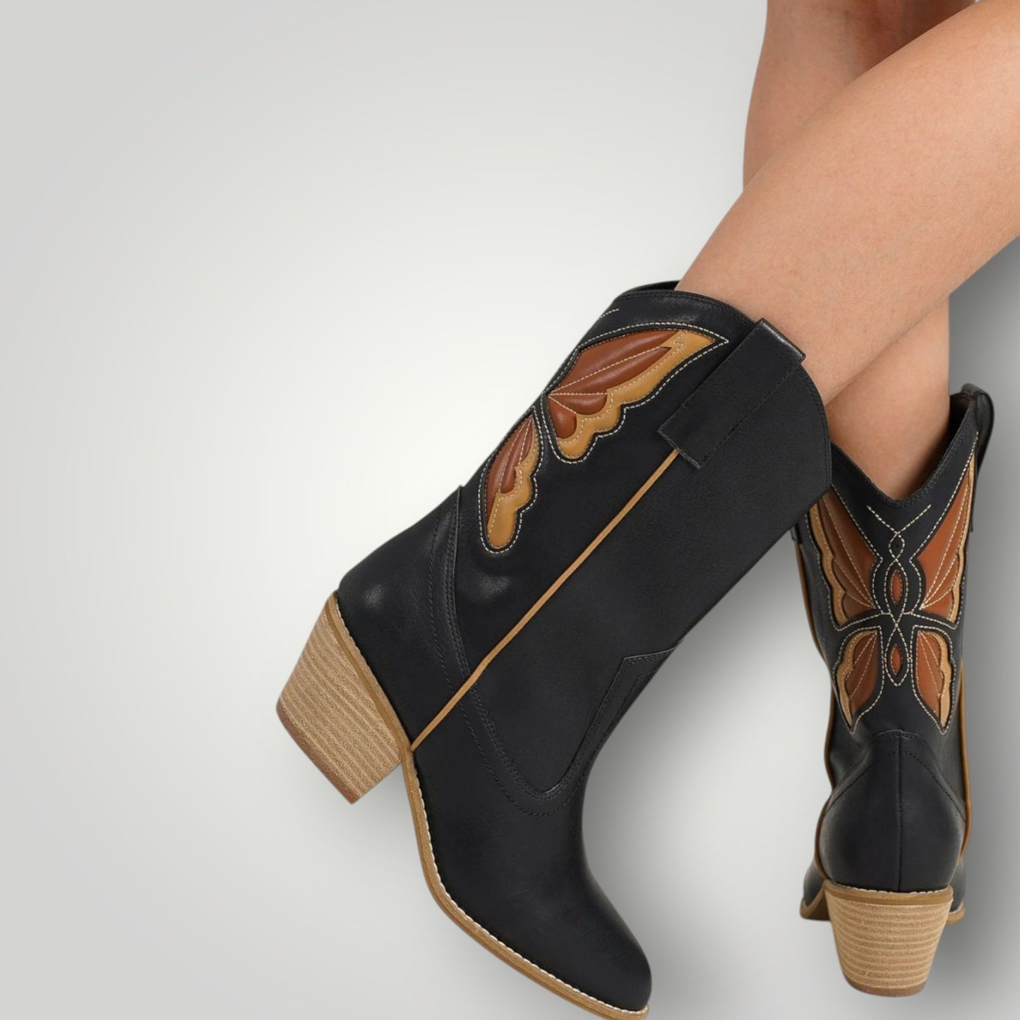 Black Vegan Leather Embossed Butterfly Cowgirl Boots