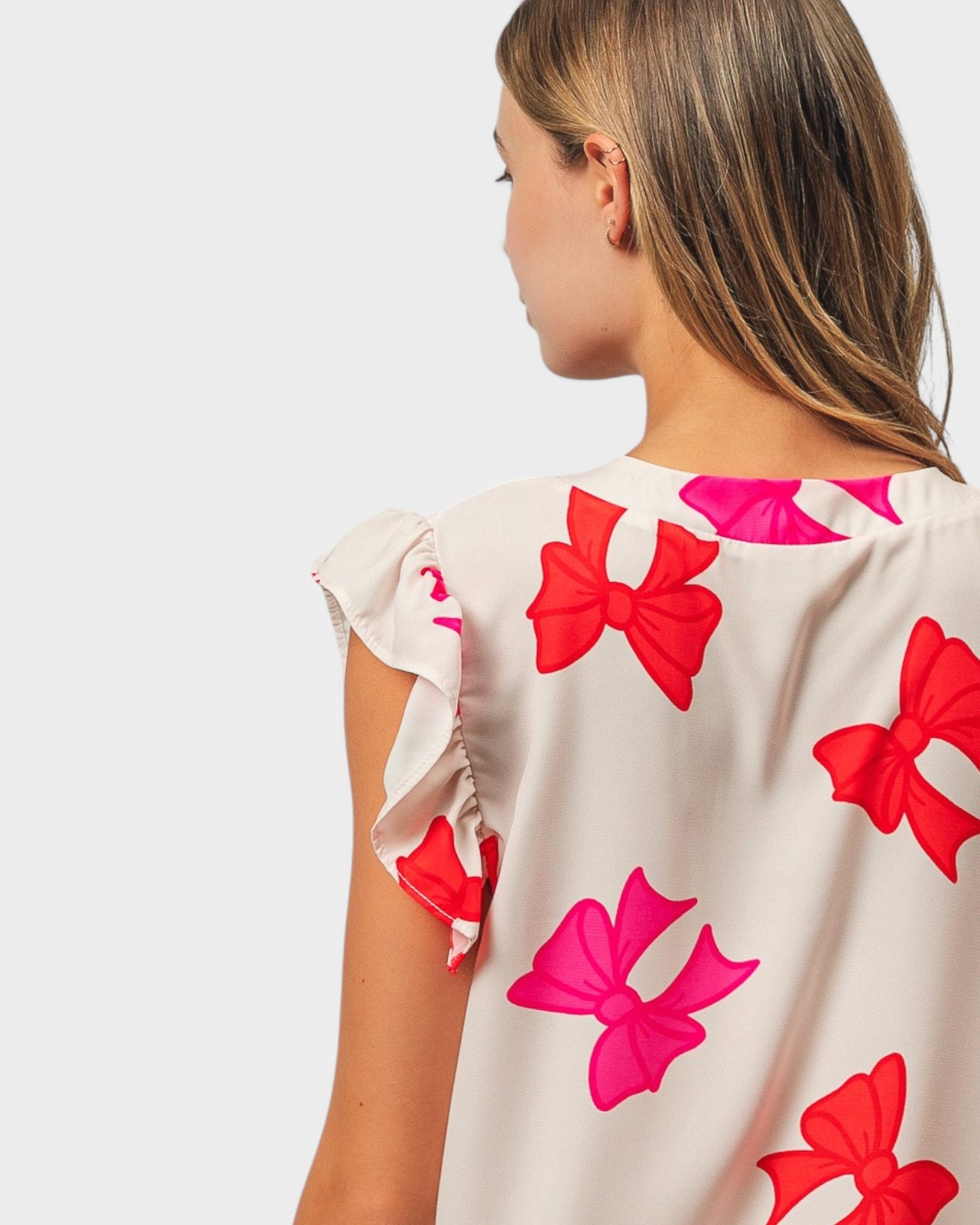 Red & Pink Bow Flutter Sleeve Top