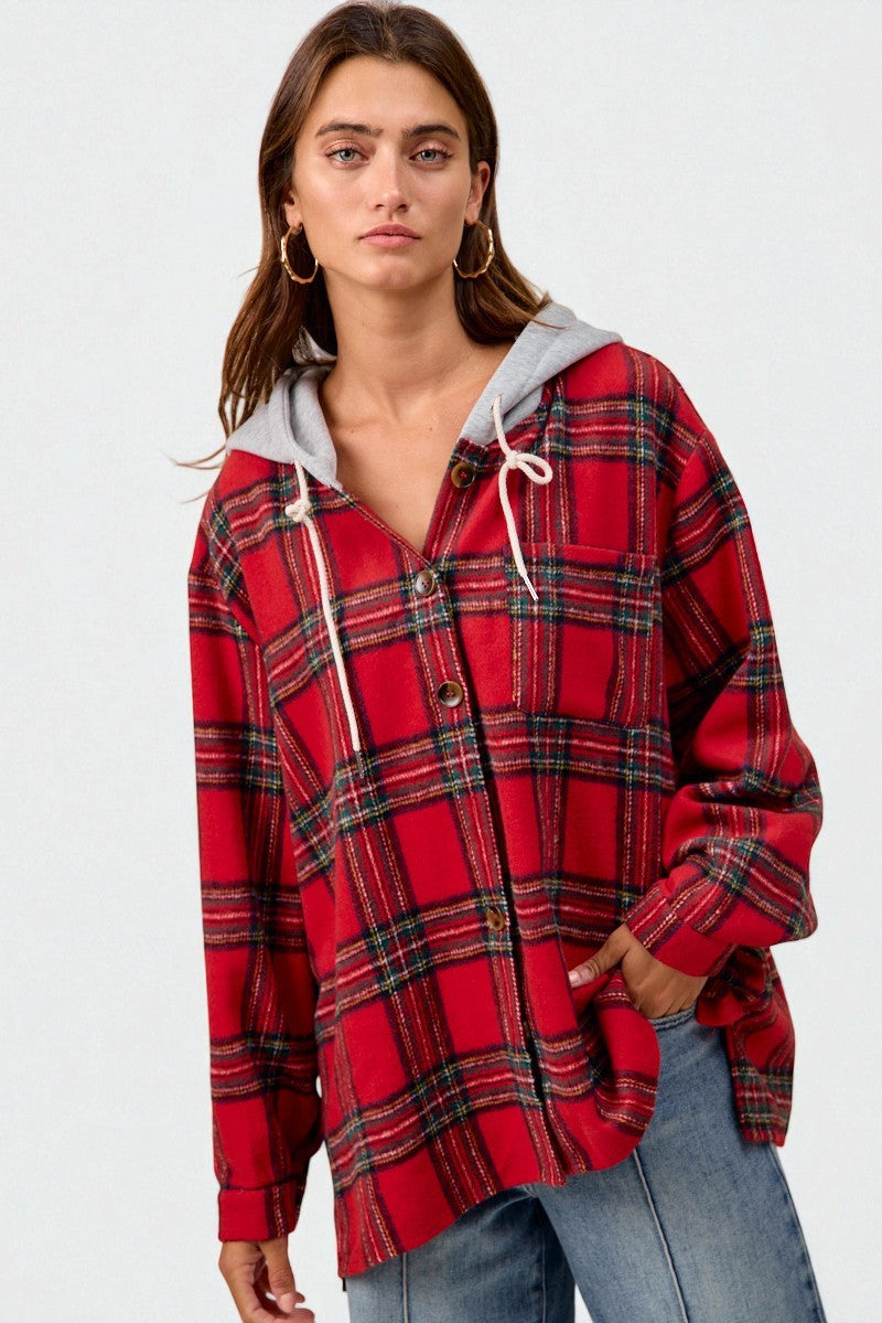 Person wearing a red plaid shirt with a gray hood on a white background