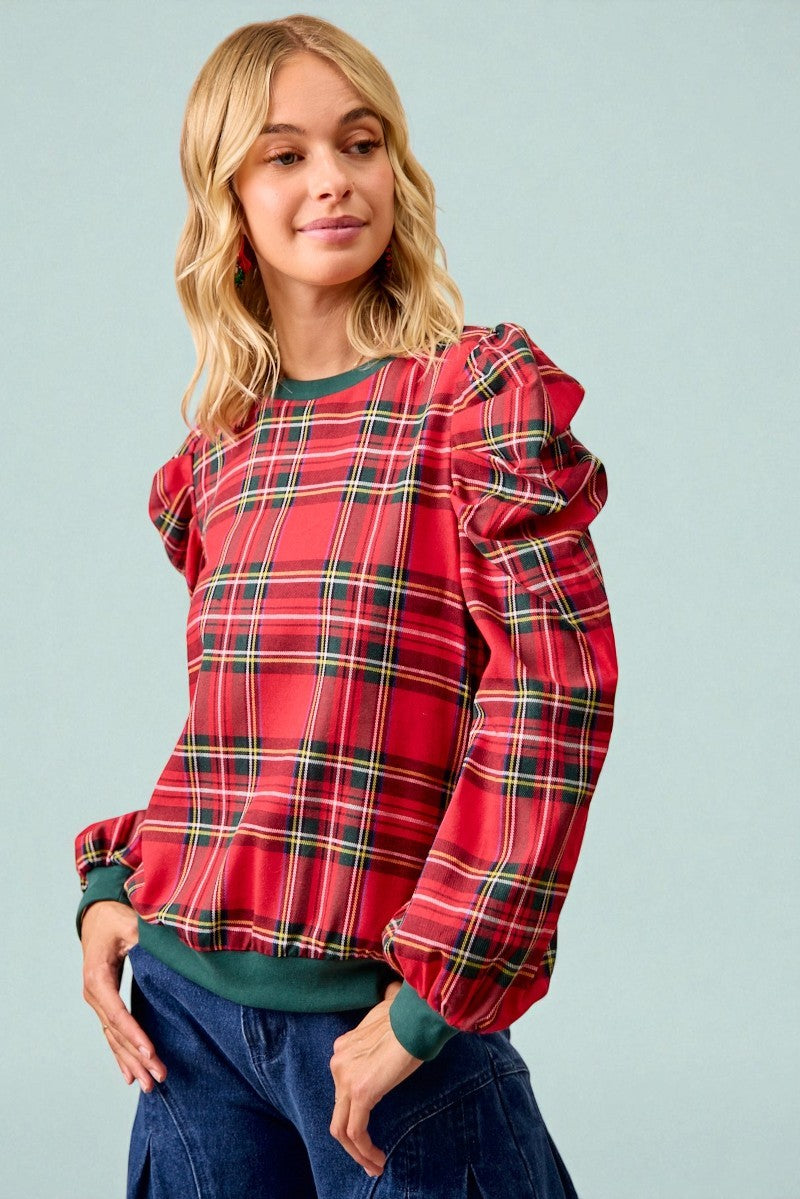 Red Plaid Puff Sleeve Top