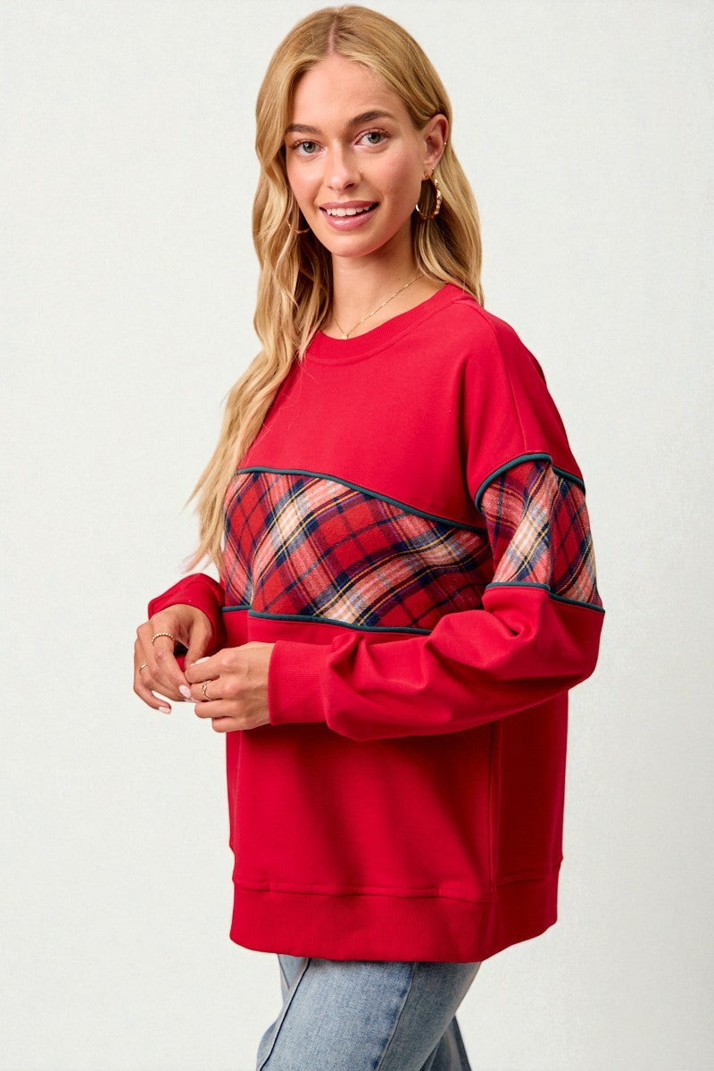 Red Plaid Patchwork Pullover