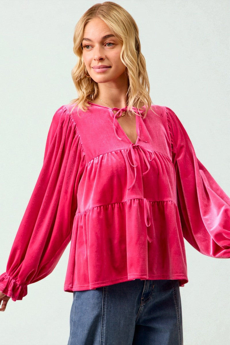 Fuchsia Velvet Tiered Tie Neck Blouse