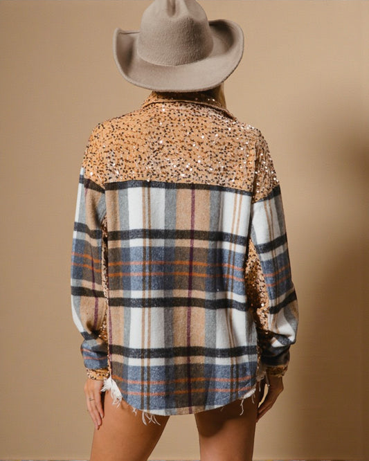 Veste boutonnée à paillettes et carreaux couleur café au lait