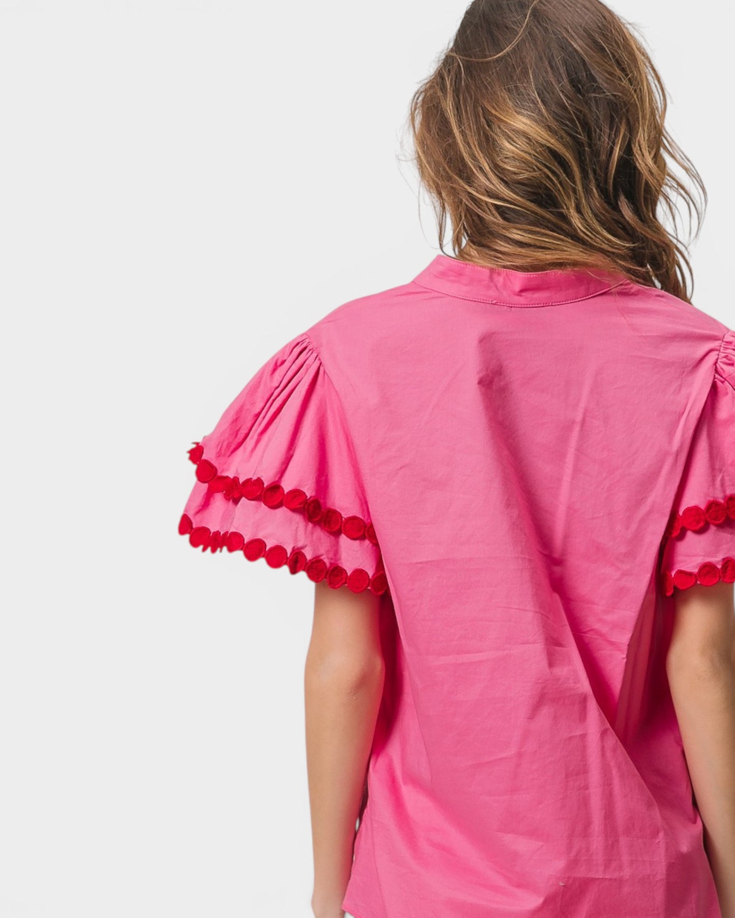 Watermelon Pom Trim Flutter Sleeve Blouse