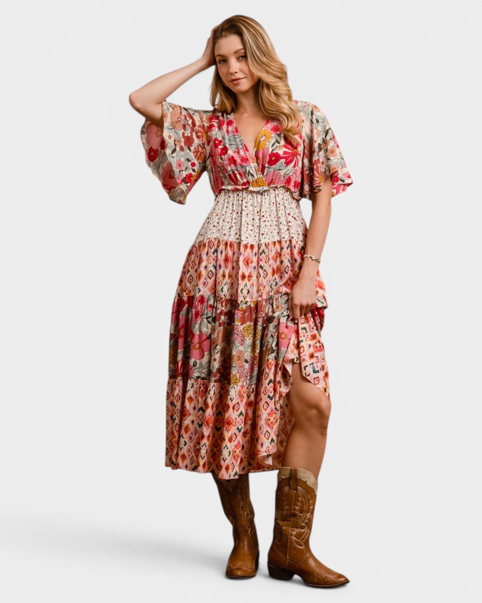 BIBI Rose Patchwork Floral Midi Dress – Beach Rose Co