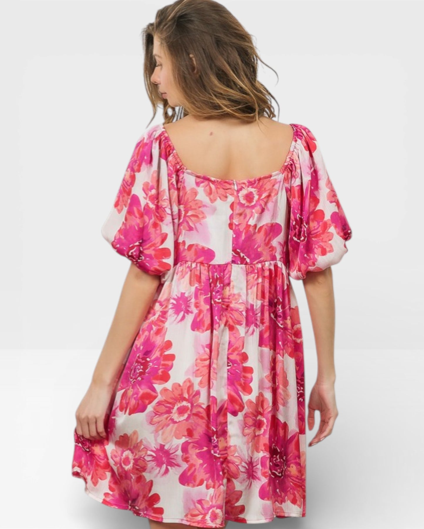 Hot Pink Floral Square Neck Puff Sleeve Babydoll Dress