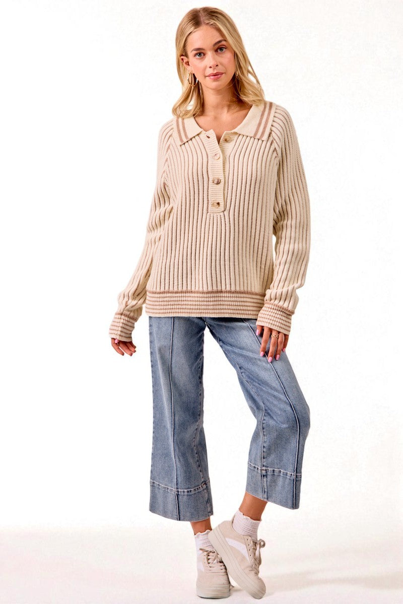 Cream Ribbed Knit Collared Henley Sweater
